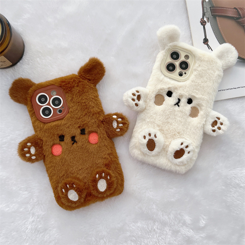Phone Cases Iphone 12 - Korean 3D Cartoon Bear Fluffy Plush