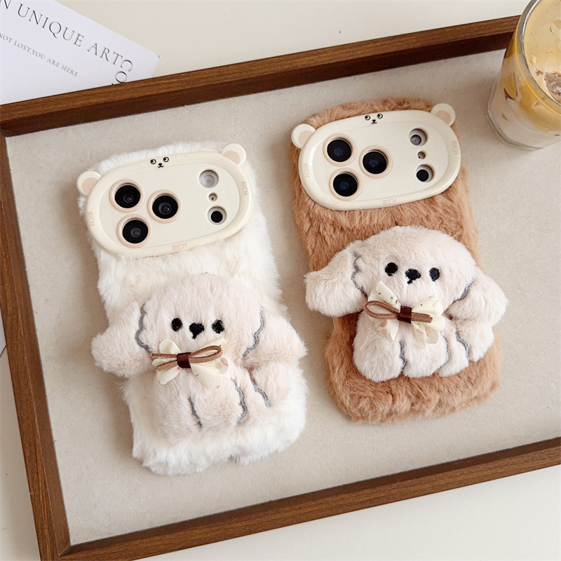 Phone Cases Iphone 12 - 3D Cartoon Bowknot Puppy Warm Fluffy